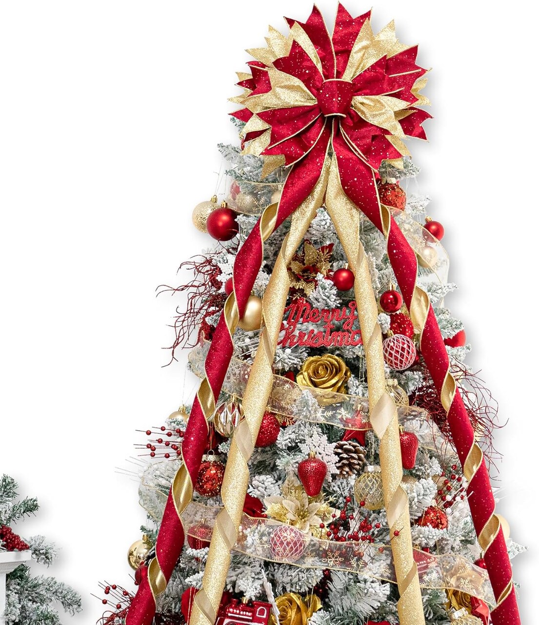 Large Christmas Tree Topper Bow 53x13 Inch Red & Gold Glitter Ribbon Bow with Streamers – Handmade Xmas Tree Topper Bow Decoration for Christmas Tree, Wreath, Door, Staircase, Mantel & Holiday Home Decor